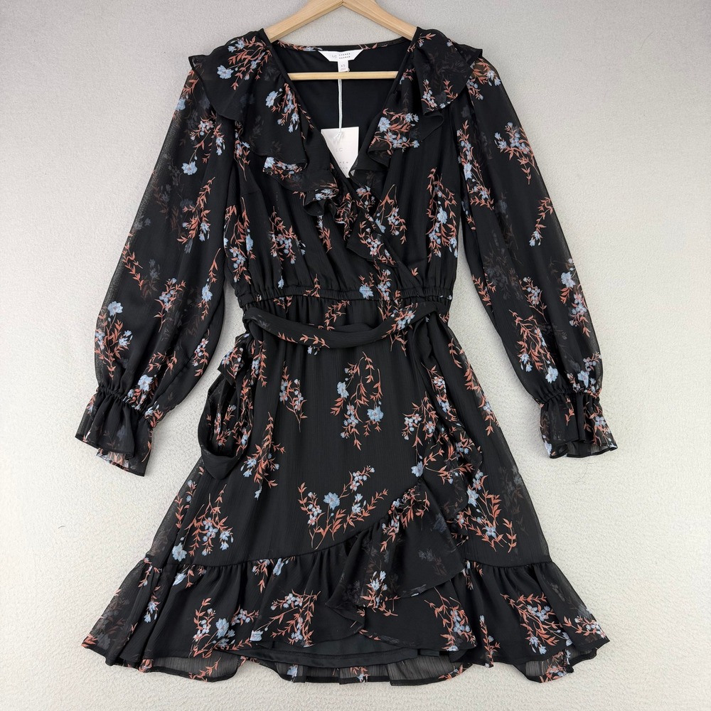 LC Lauren Conrad Floral Ruffle Wrap Dress Womens XS Black Chiffon NWT Career‎